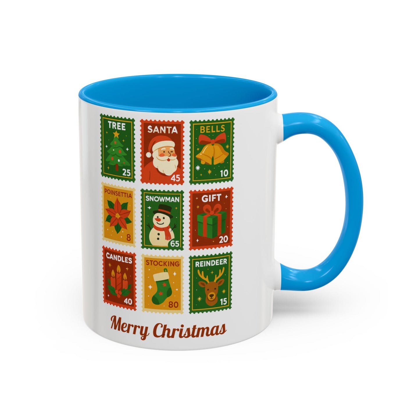 Colorful Holiday Stamp Mug, Festive Mug, Hot Cocoa Mug, Gift for Her, Secret Santa Gift, Stamp Collector, Christmas Mug