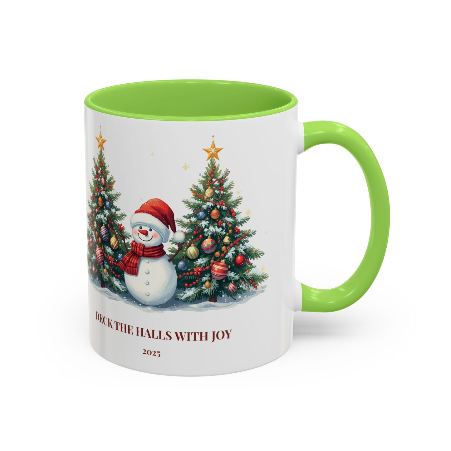 Christmas snowman mug with festive tree design, perfect for holiday drinks and cozy moments.