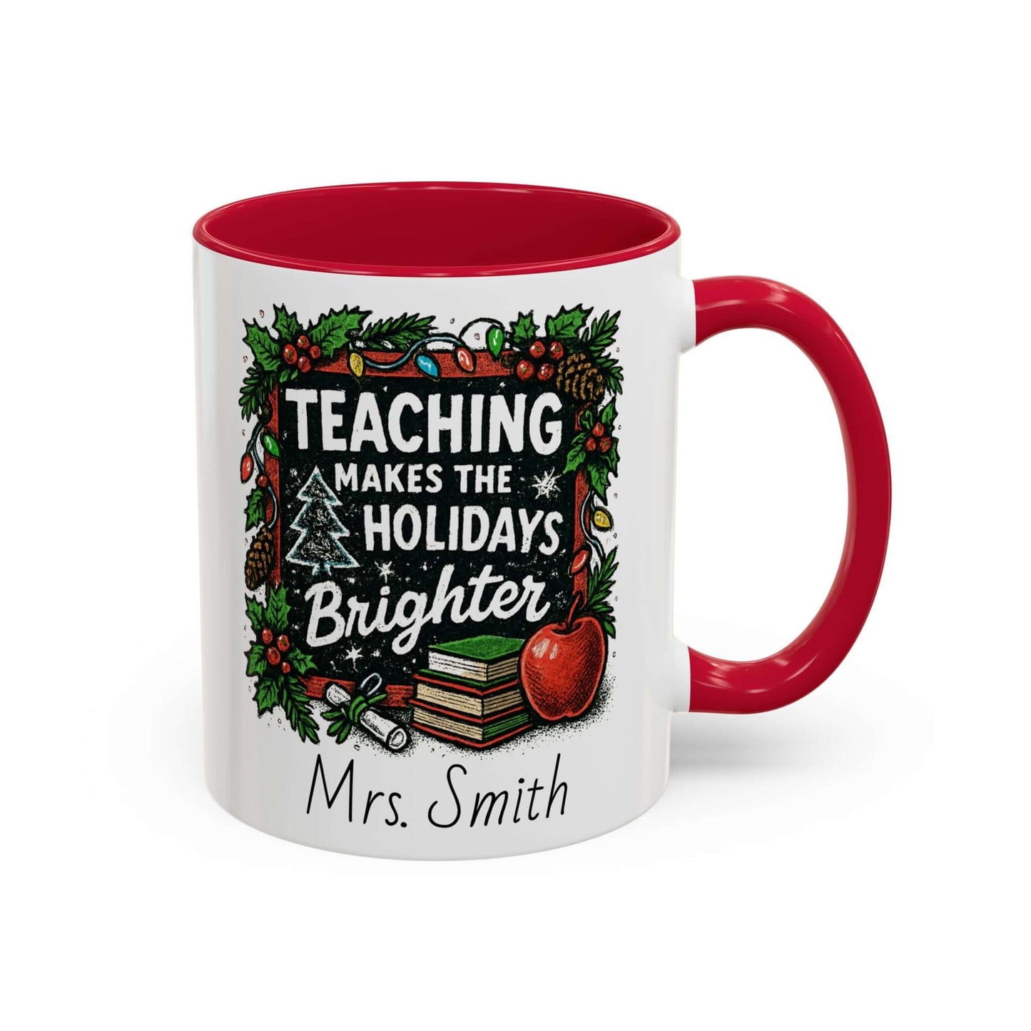 Personalized teacher holiday mug with festive design, marshmallows, and candy cane for a joyful gift.