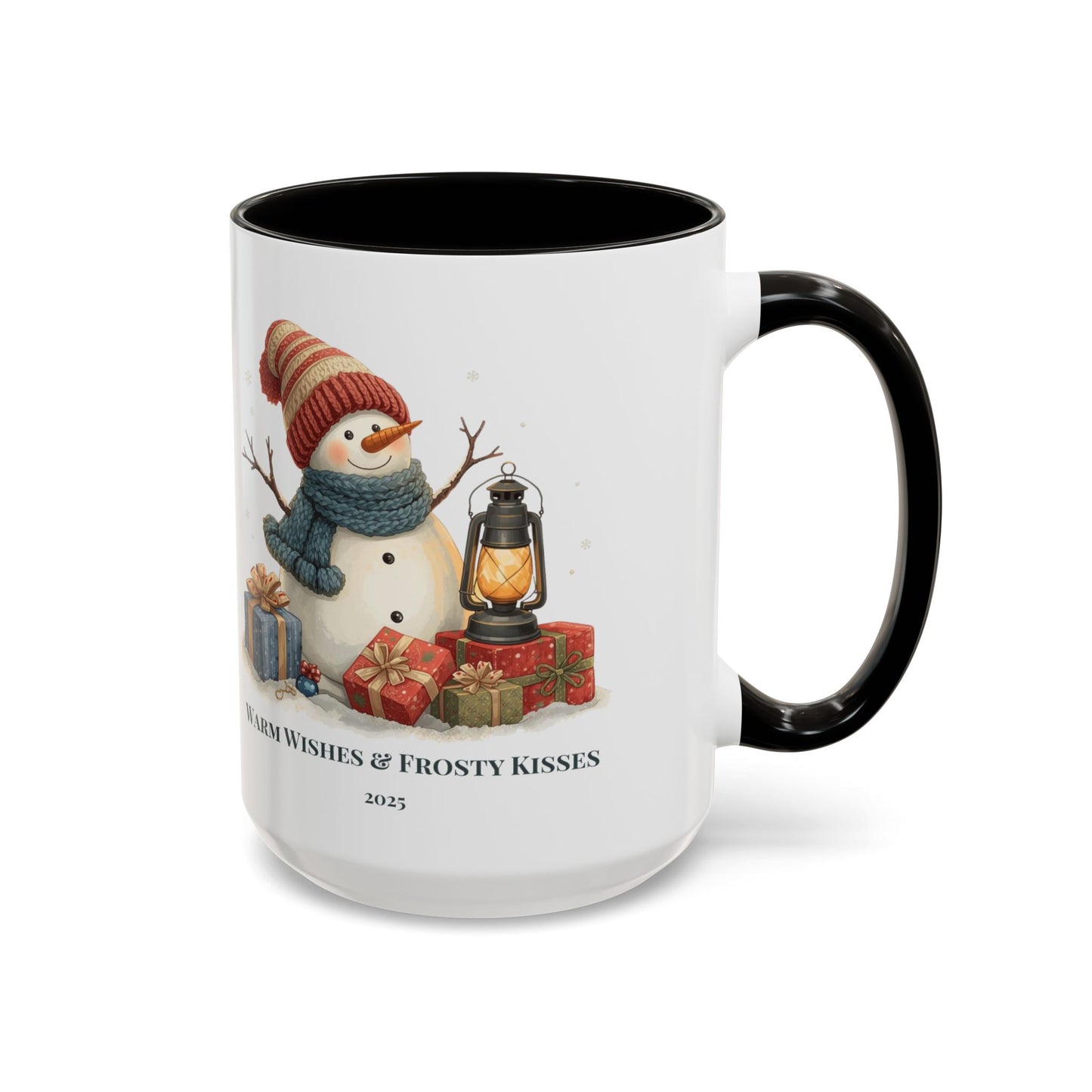 Snowman coffee mug with warm wishes and frosty kisses message, featuring a cheerful snowman and lantern design.