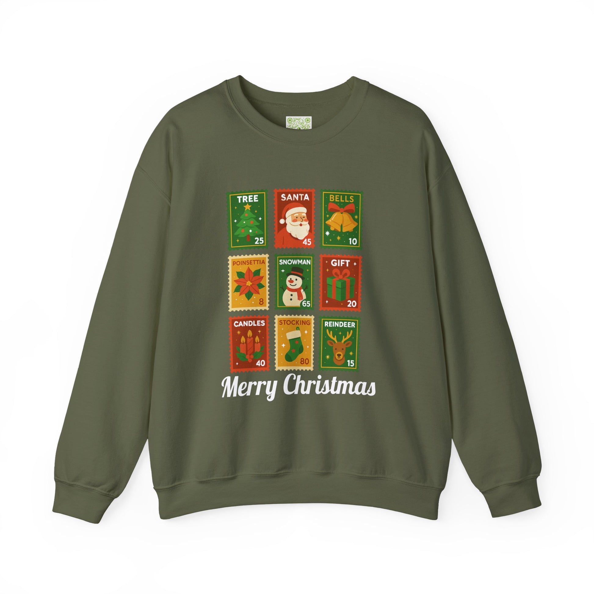 Postage stamp Christmas sweater in forest green featuring holiday designs and 'Merry Christmas' text