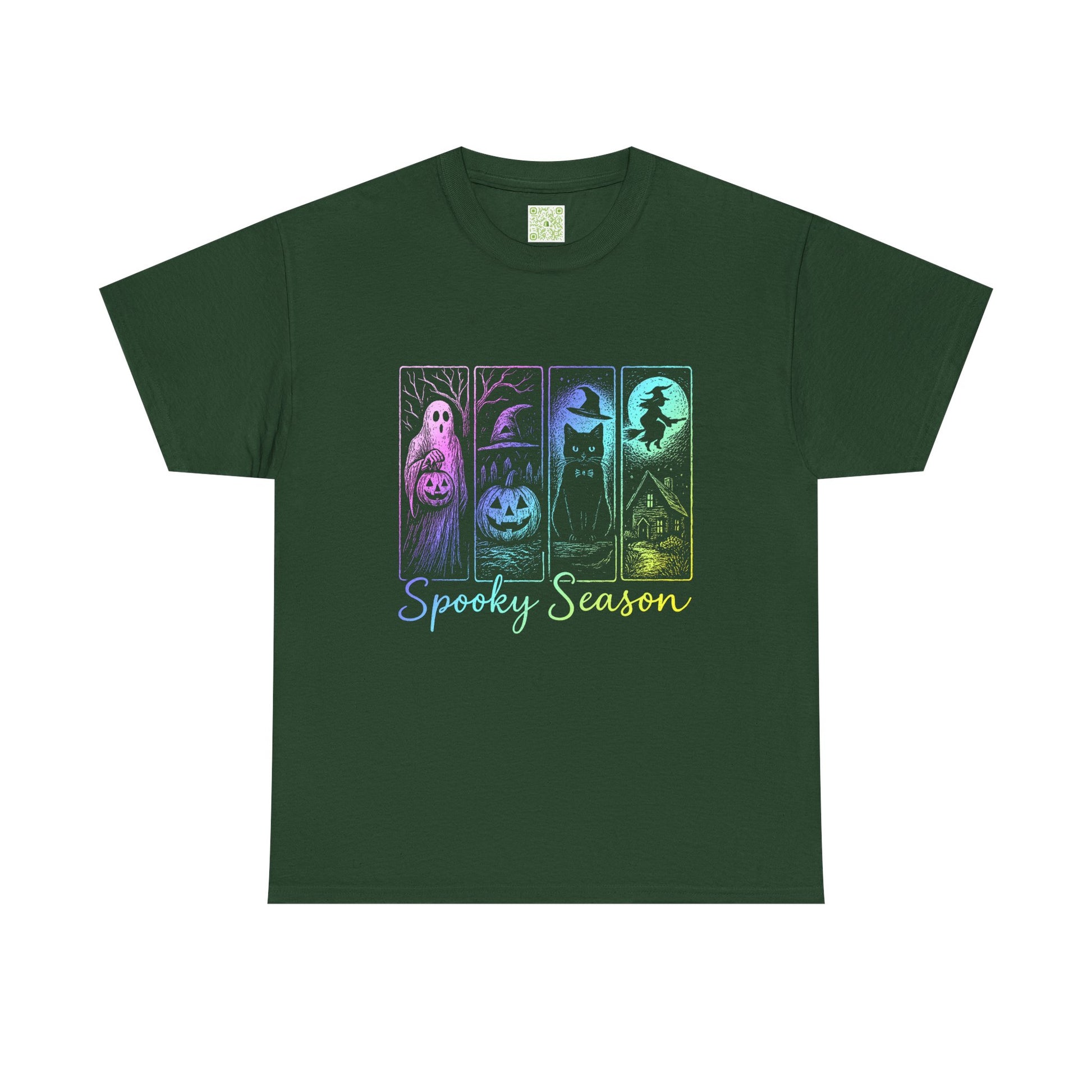 Green Halloween Pumpkin Shirt featuring spooky graphics for the fall season, perfect for Halloween celebrations.