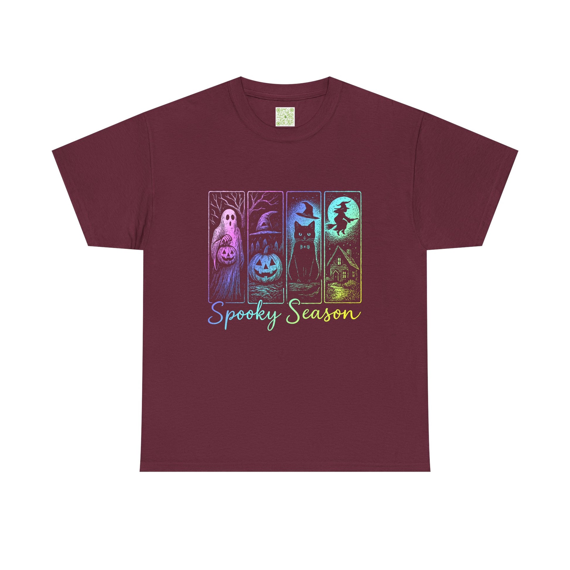 Halloween Pumpkin Shirt featuring ghosts, pumpkins, and a witch for the spooky season, perfect for fall festivities.