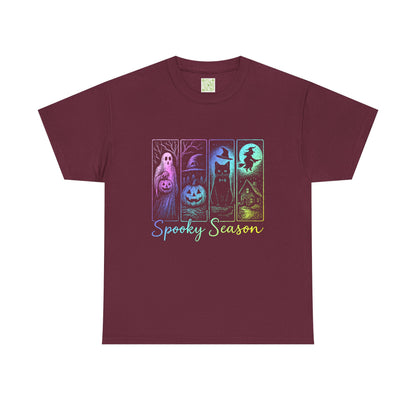 Halloween Pumpkin Shirt featuring ghosts, pumpkins, and a witch for the spooky season, perfect for fall festivities.