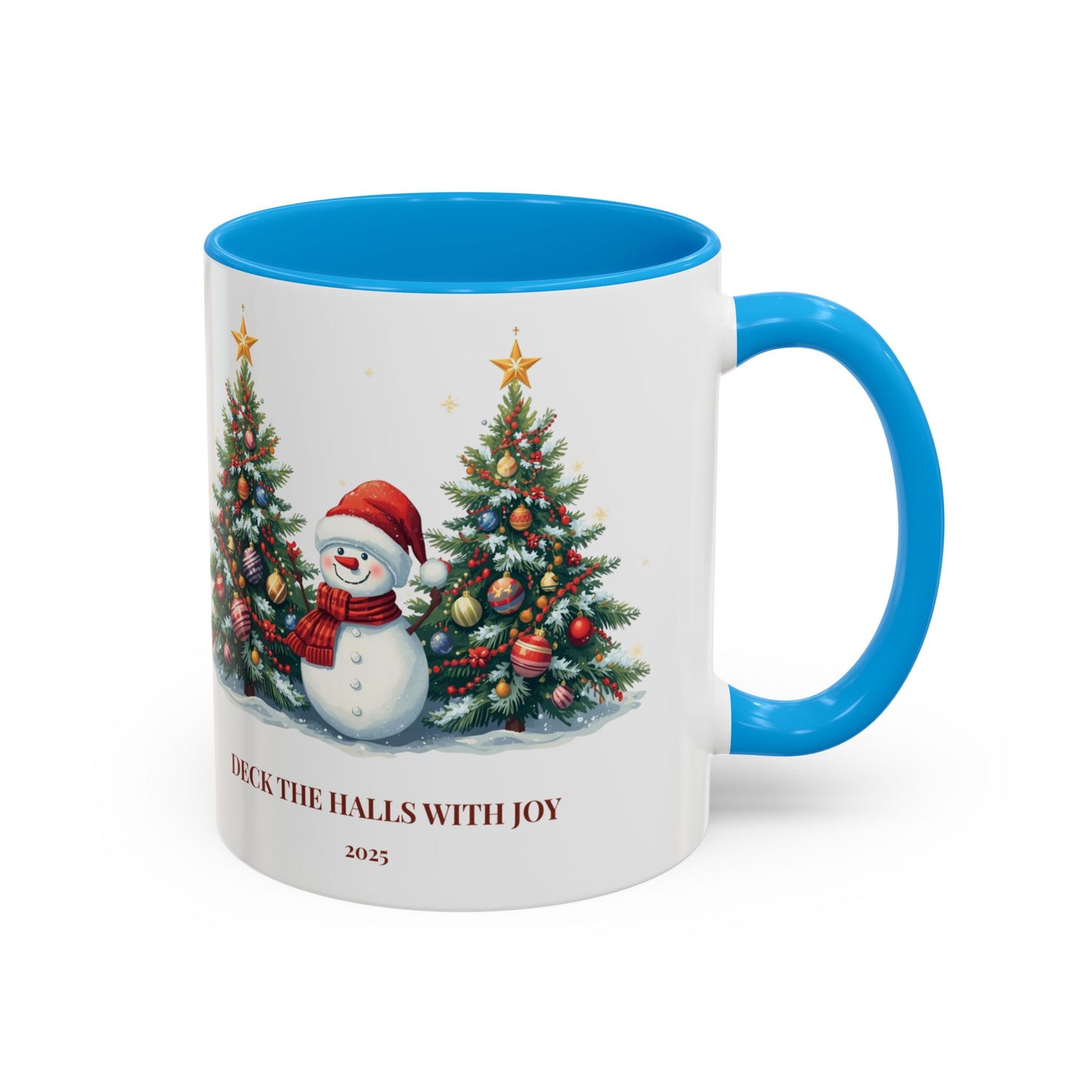 Christmas snowman mug with festive tree design, perfect for holiday drinks and cozy moments.