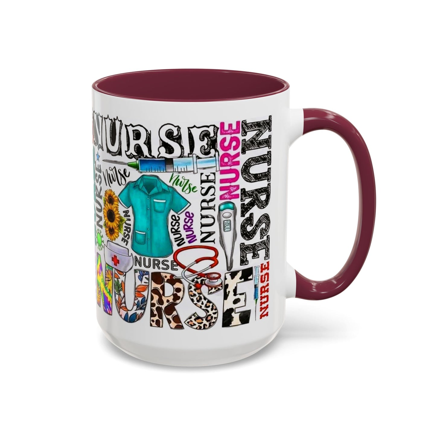 Colorful nurse coffee mug held by hands, ideal gift for nurse appreciation or nursing students.