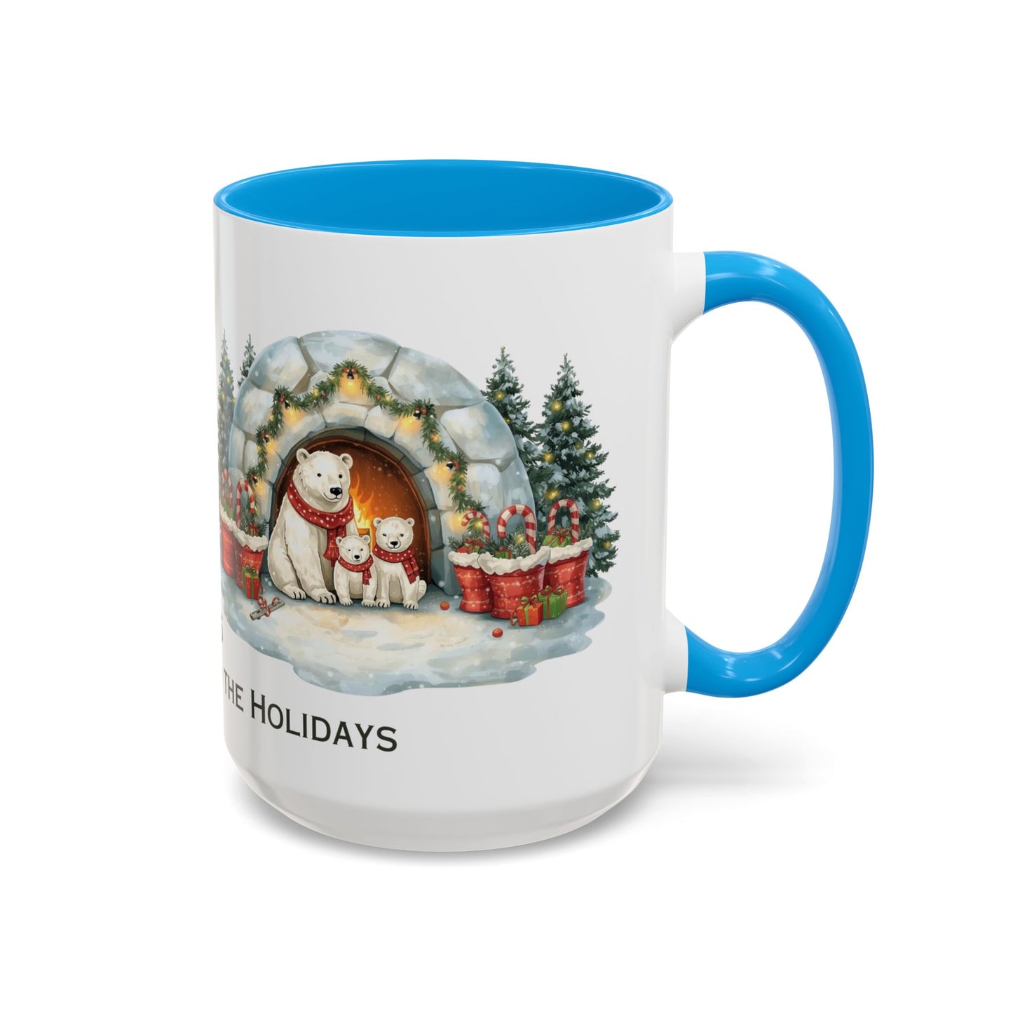 Polar Bear Christmas Mug featuring an igloo family scene with trees and holiday decorations.