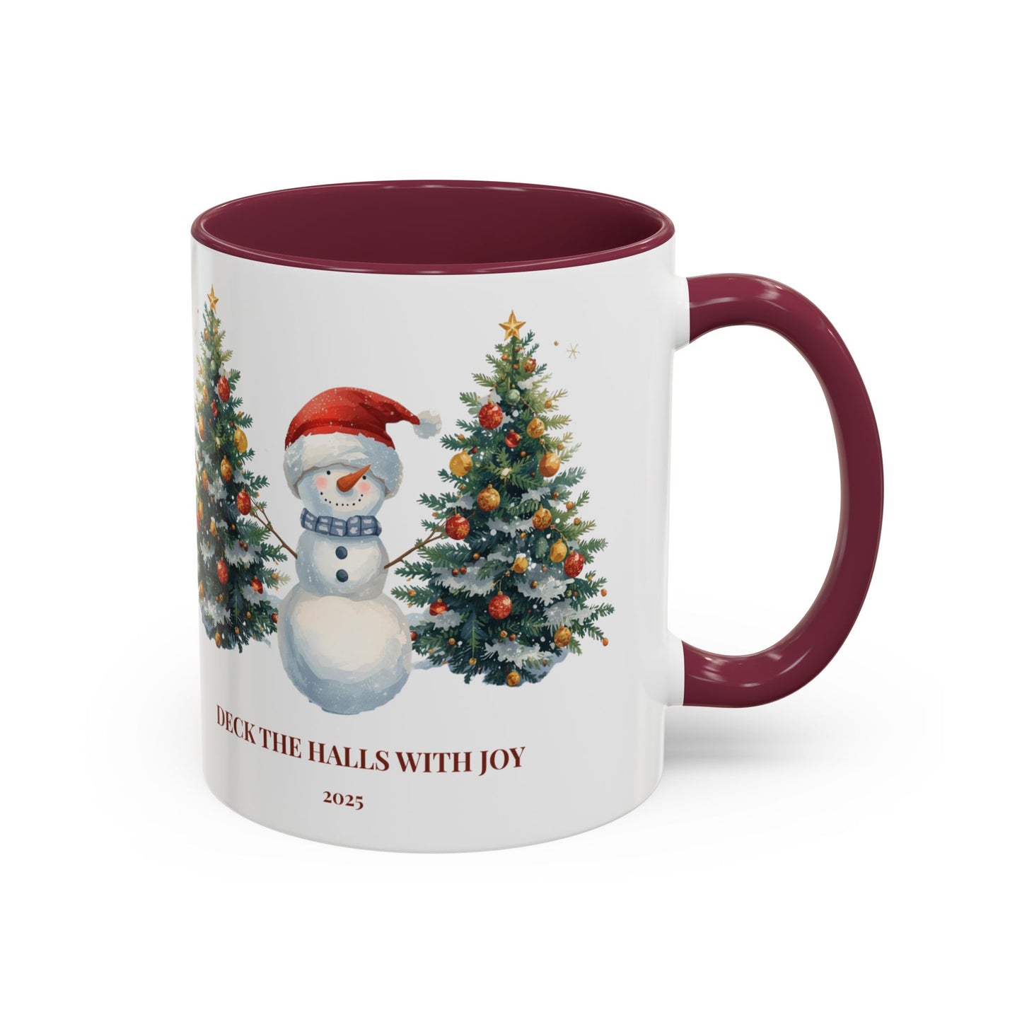 Festive snowman coffee mug featuring cheerful Christmas trees and a joyful holiday design.