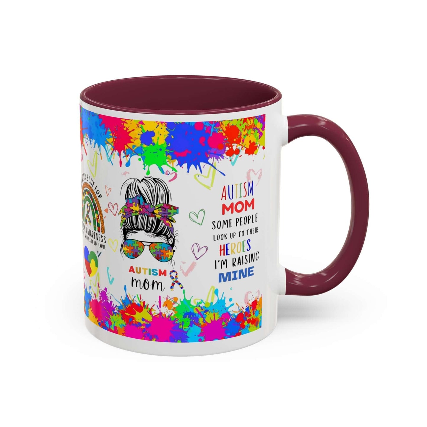 Colorful Autism Mom Mug featuring vibrant neurodiversity designs and heartfelt quotes about raising autistic children.