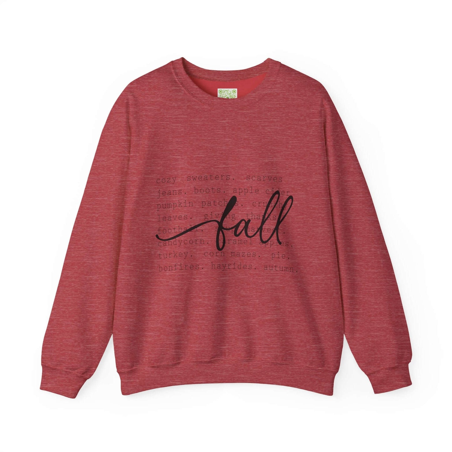 Cozy fall sweatshirt in deep red with cursive 'fall' print, perfect for autumn outings and casual comfort.