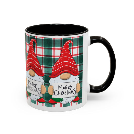 Festive Christmas gnome mug with holiday design, featuring gnomes and a plaid background.