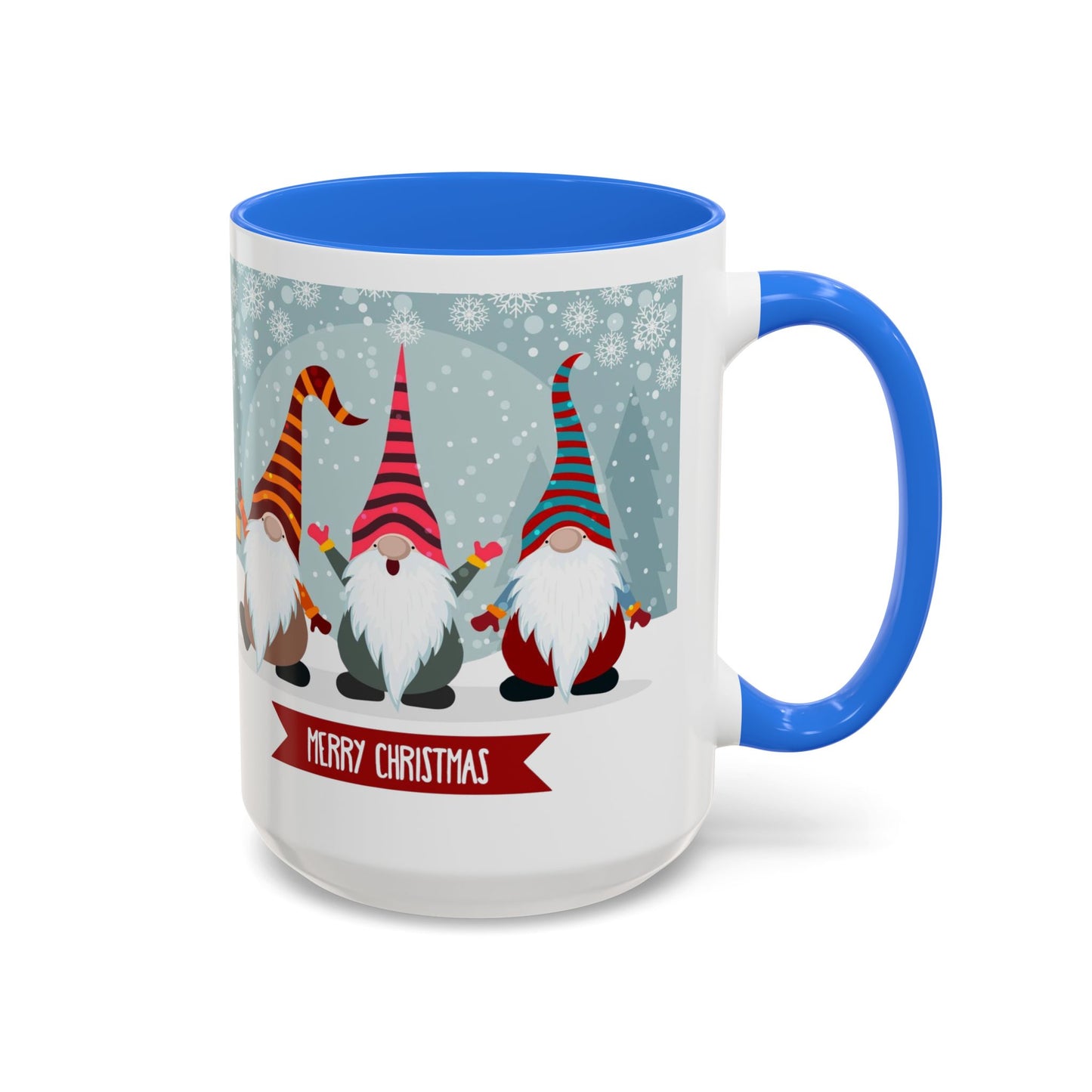 Merry Christmas gnome mug featuring colorful gnomes in festive hats, perfect for holiday coffee.