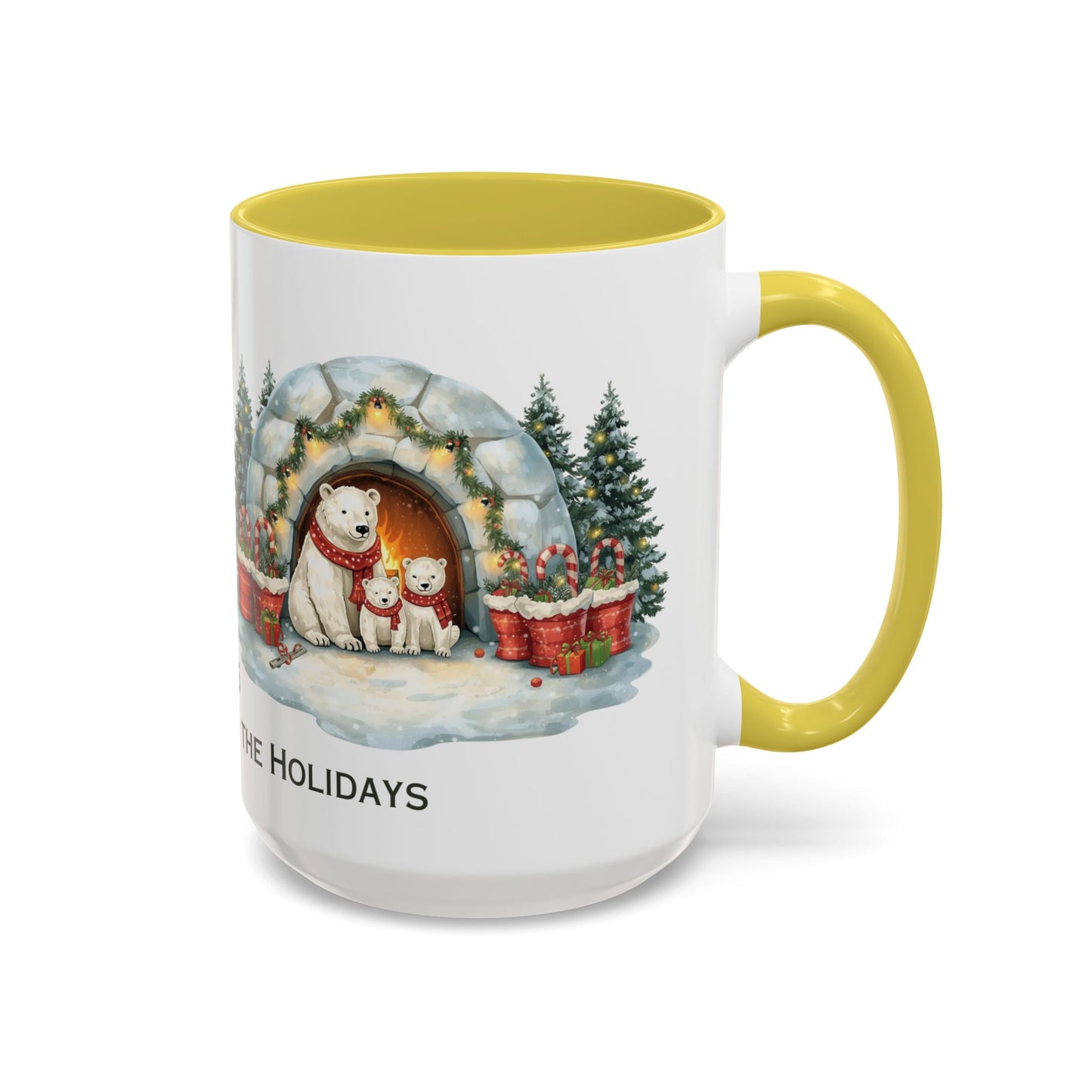 Polar Bear Christmas Mug featuring an igloo family scene with trees and holiday decorations.