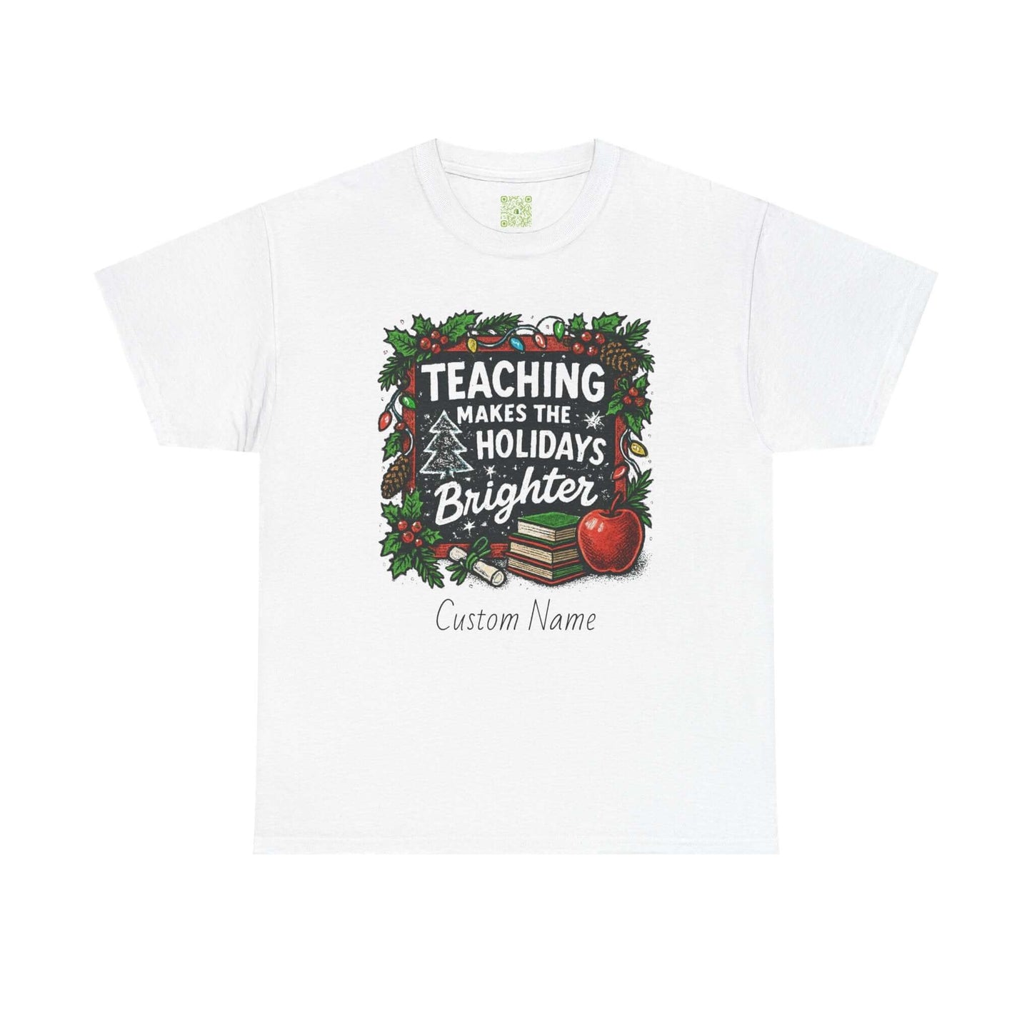 Personalized teacher holiday t-shirt in red with festive design and custom name. Perfect gift for teachers.