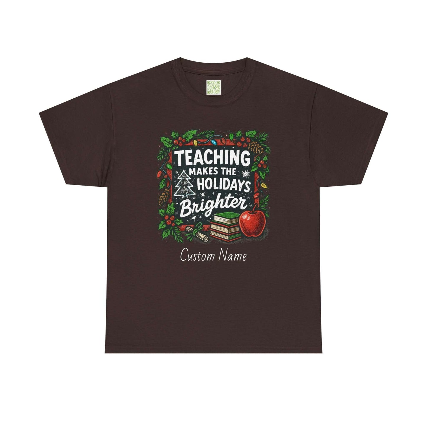 Personalized teacher holiday t-shirt in red with festive design and custom name. Perfect gift for teachers.