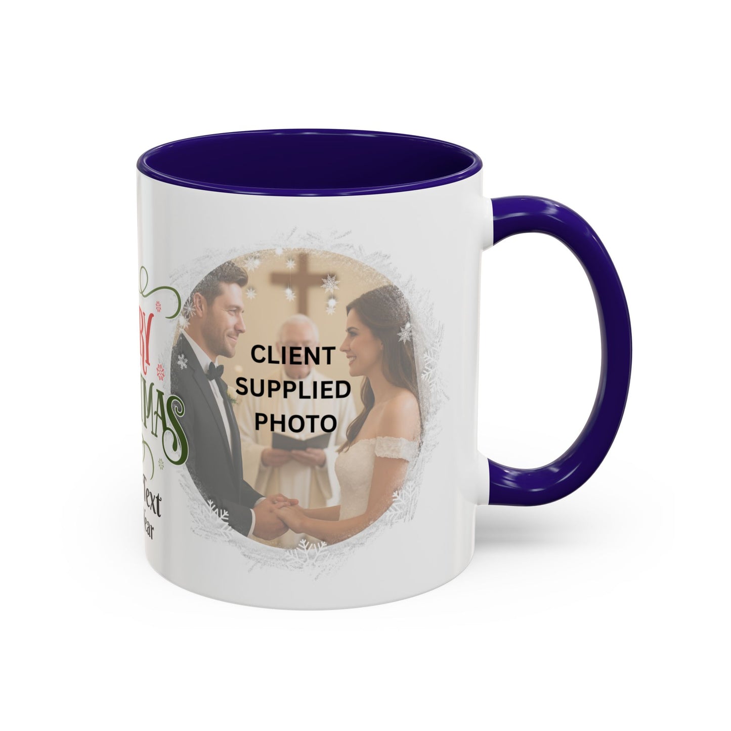 First Year Married Photo Mug featuring a couple with text overlay, perfect for newlyweds or as a Just Married gift.