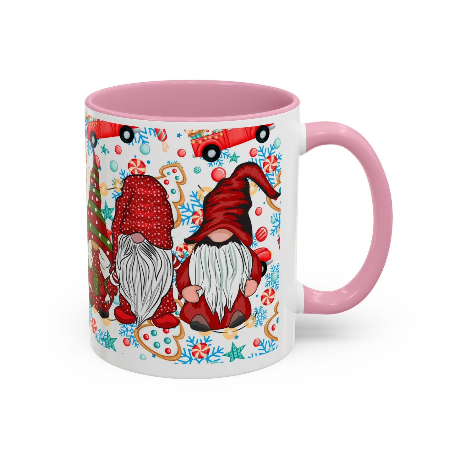 Festive Christmas gnome coffee mug with gingerbread design and snowflakes, perfect for holiday enjoyment.