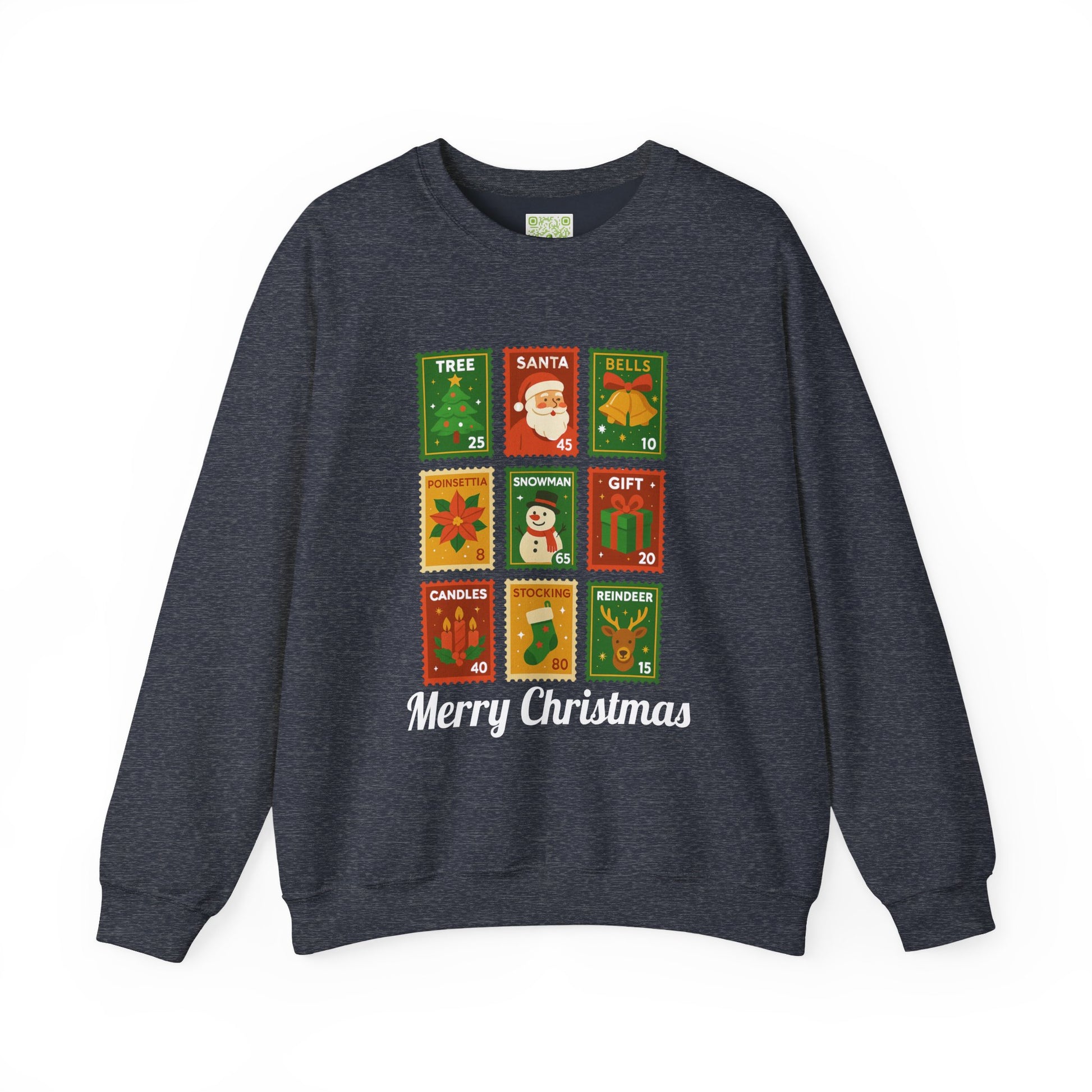 Postage stamp Christmas sweater in forest green featuring holiday designs and 'Merry Christmas' text