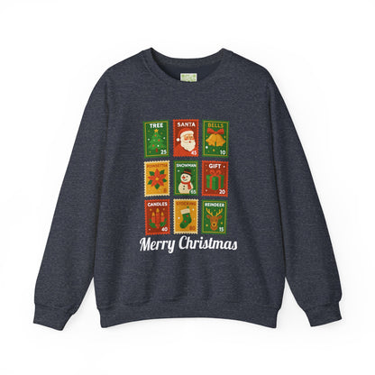 Postage stamp Christmas sweater in forest green featuring holiday designs and 'Merry Christmas' text