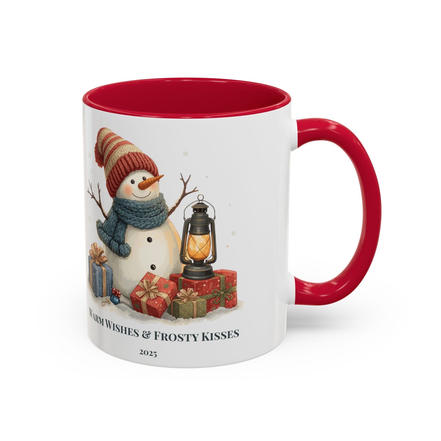 Snowman coffee mug with warm wishes and frosty kisses message, featuring a cheerful snowman and lantern design.