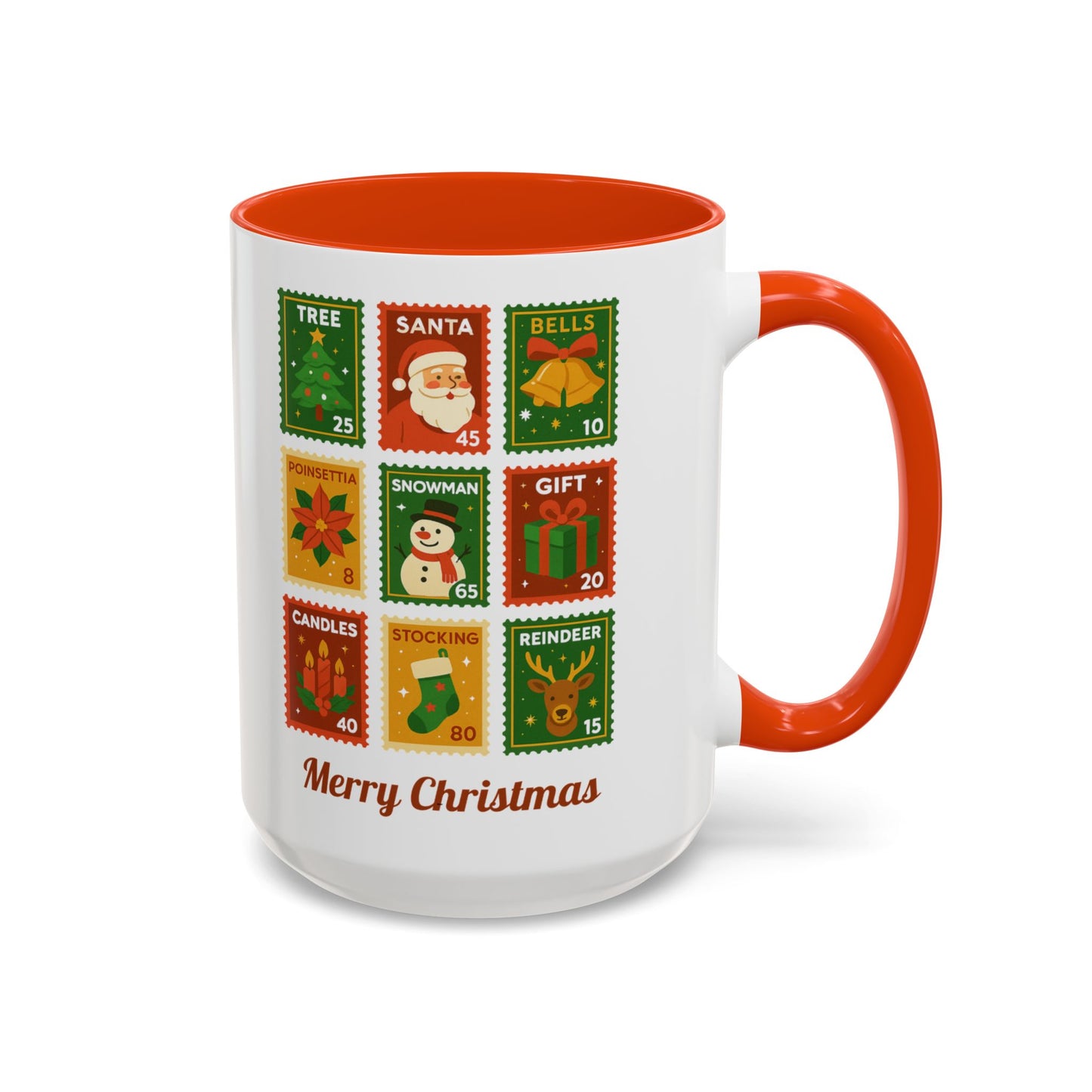 Colorful Holiday Stamp Mug, Festive Mug, Hot Cocoa Mug, Gift for Her, Secret Santa Gift, Stamp Collector, Christmas Mug