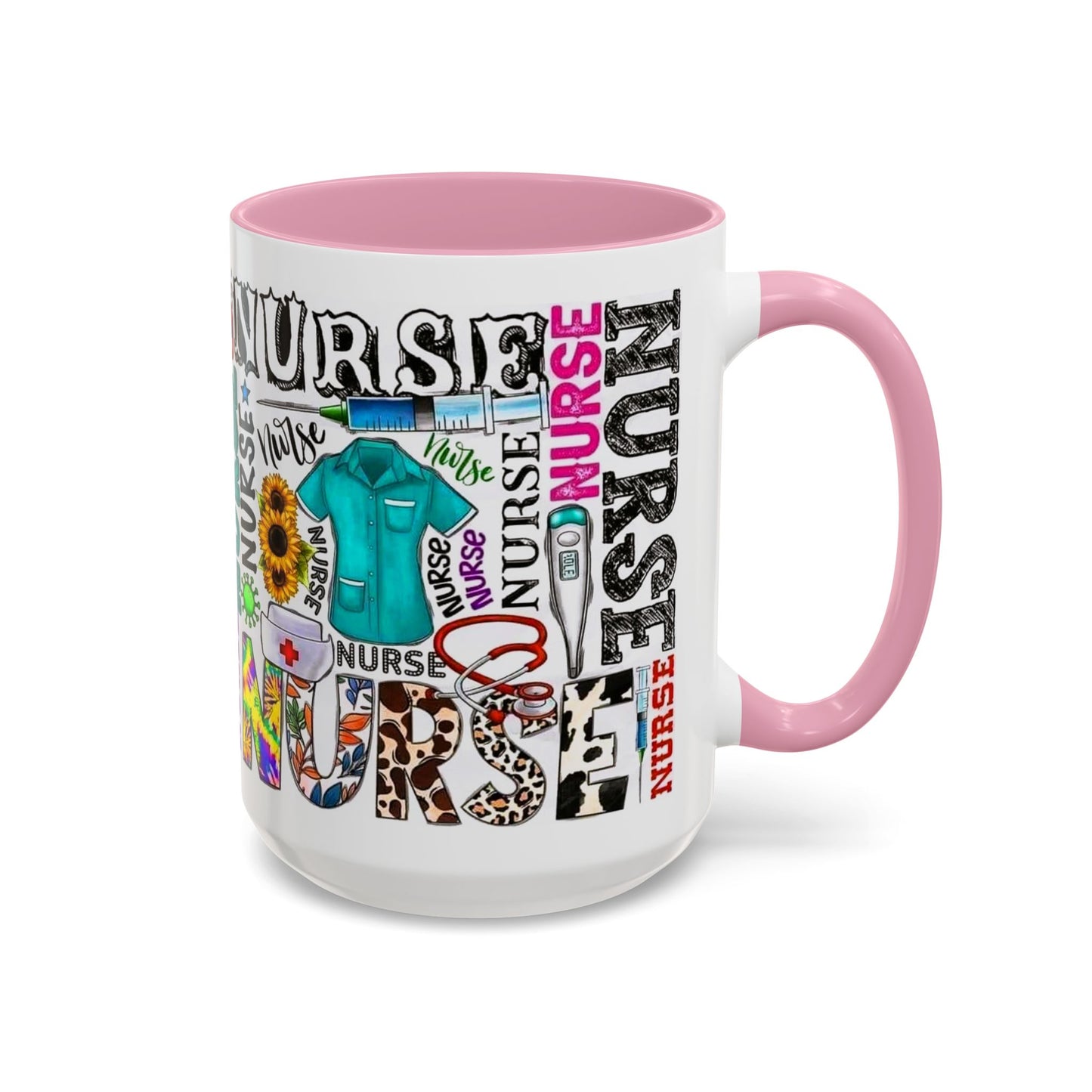 Colorful nurse coffee mug held by hands, ideal gift for nurse appreciation or nursing students.