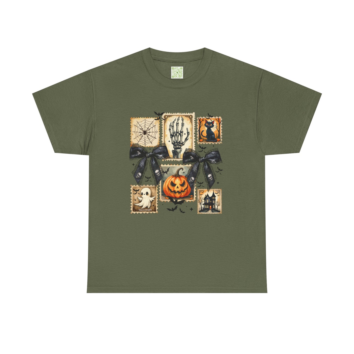 Halloween themed shirt featuring spooky prints of skeletons, pumpkins, and ghosts on an olive green background.