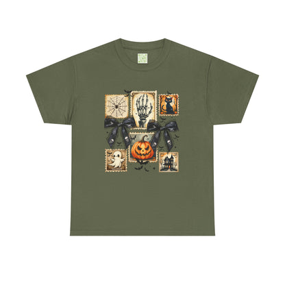 Halloween themed shirt featuring spooky prints of skeletons, pumpkins, and ghosts on an olive green background.