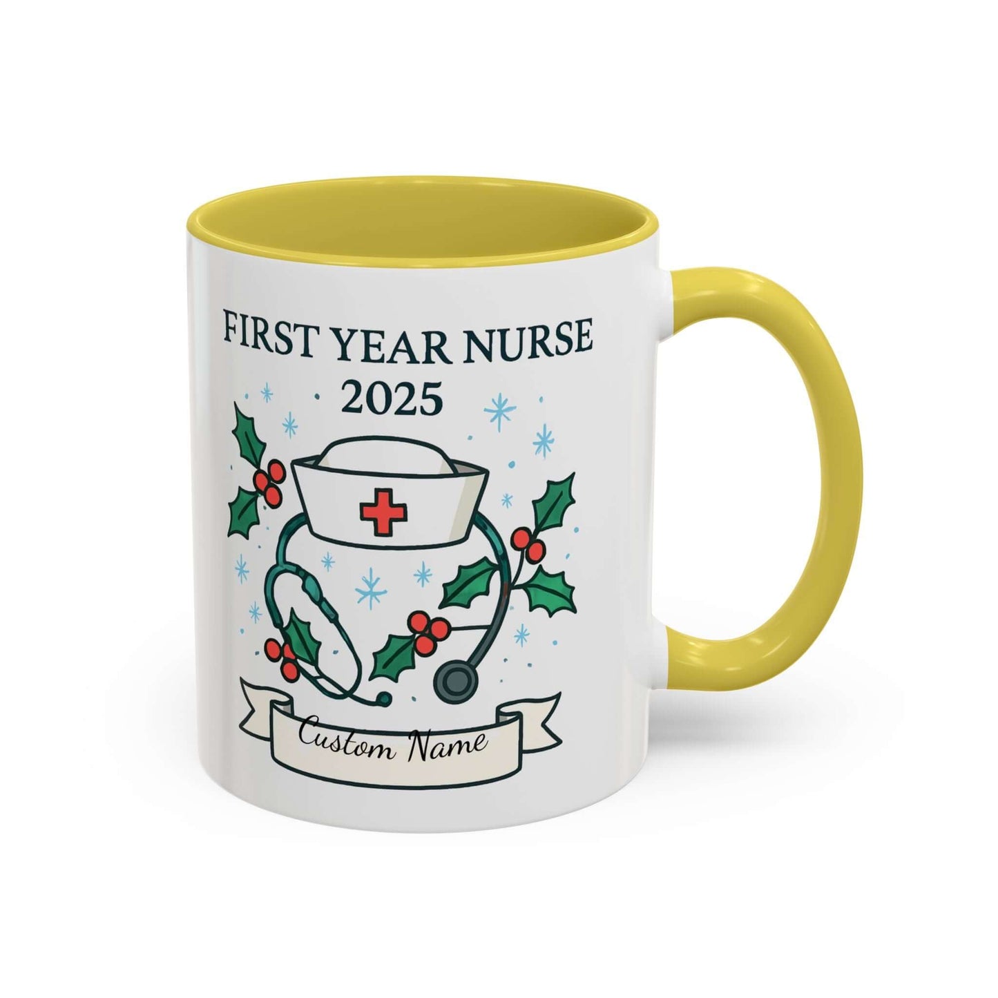 Personalized first year nurse mug with festive design and customizable name for 2025 graduation.