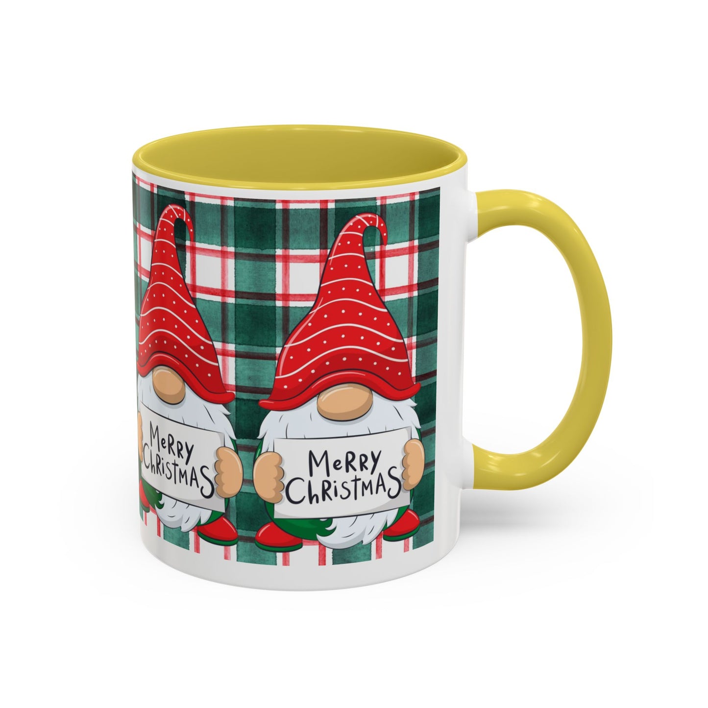 Festive Christmas gnome mug with holiday design, featuring gnomes and a plaid background.
