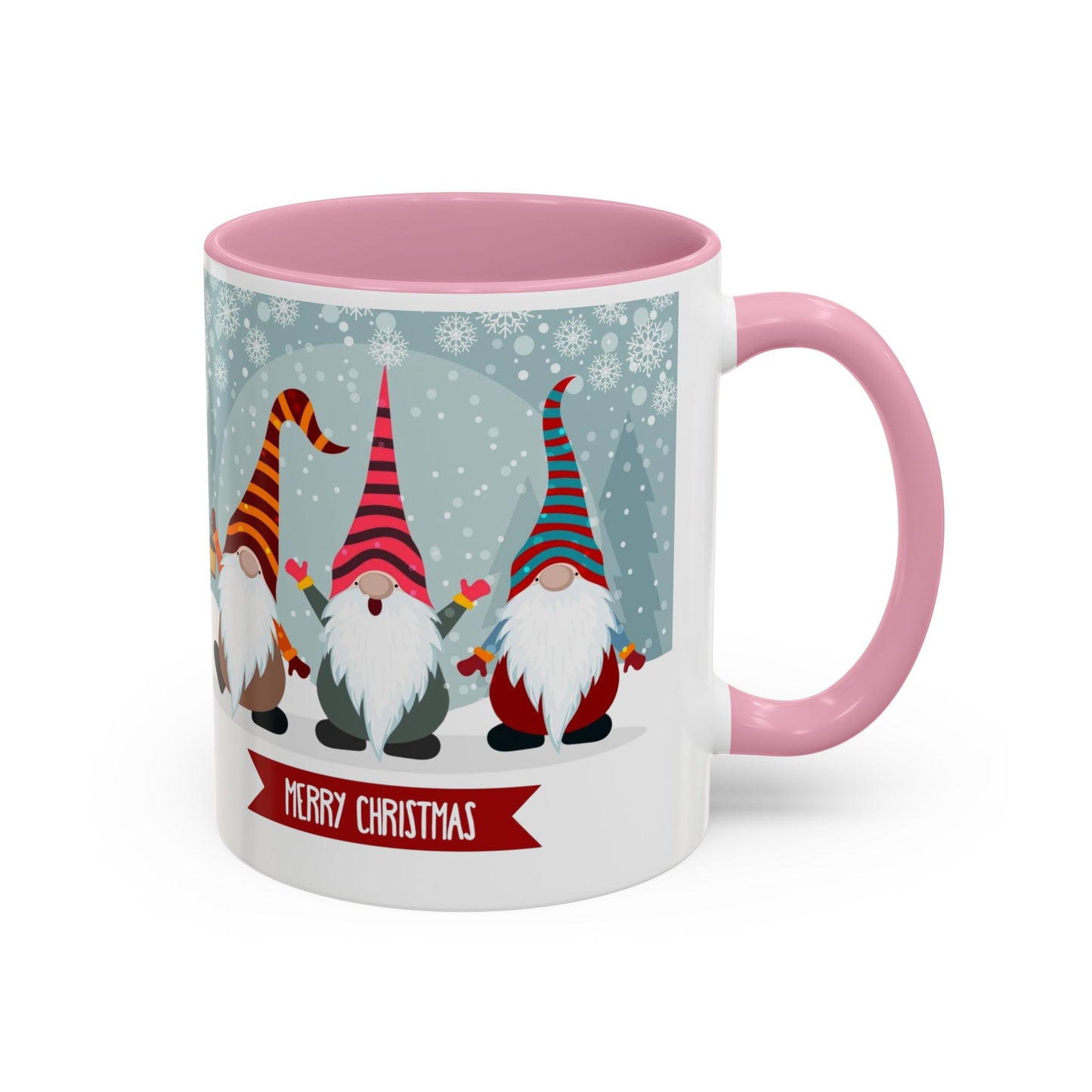 Merry Christmas gnome mug featuring colorful gnomes in festive hats, perfect for holiday coffee.