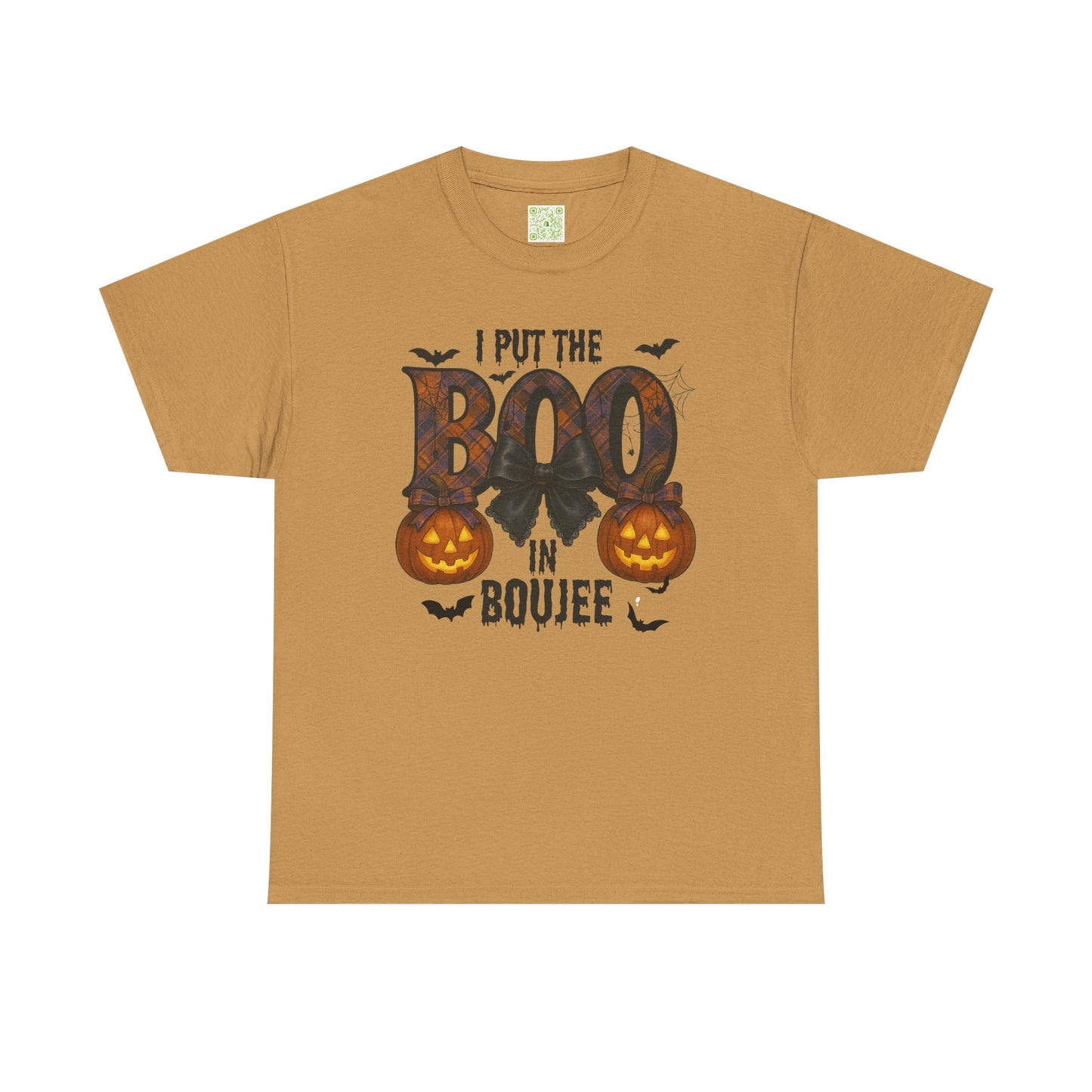 'Boo in Boujee' Halloween shirt in Texas Orange, showcasing a spooky graphic design and relaxed fit.