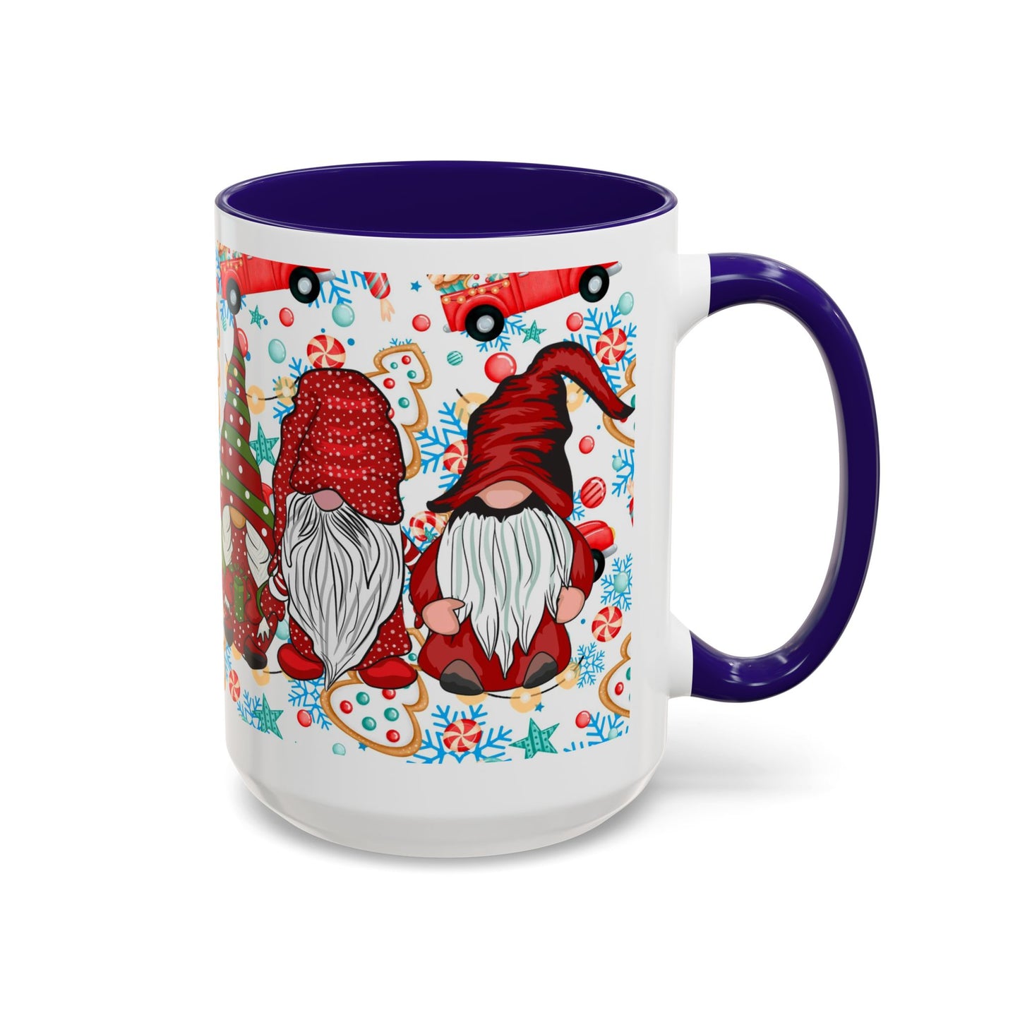 Festive Christmas gnome coffee mug with gingerbread design and snowflakes, perfect for holiday enjoyment.