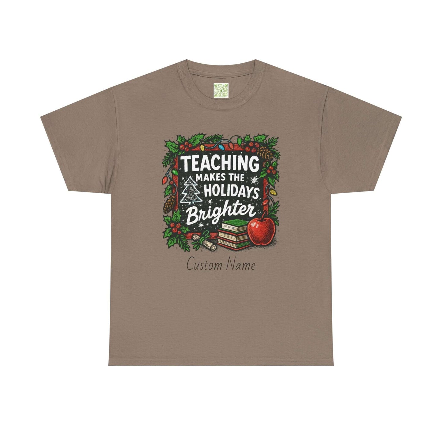 Personalized teacher holiday t-shirt in red with festive design and custom name. Perfect gift for teachers.