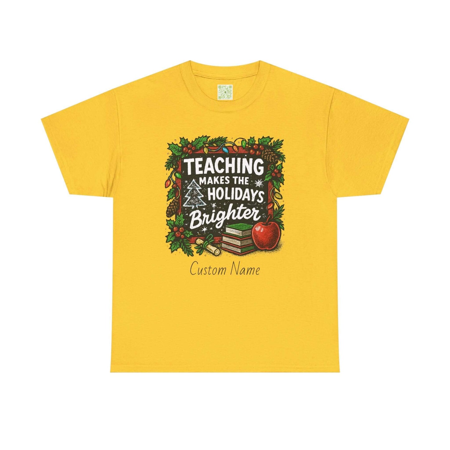Personalized teacher holiday t-shirt in red with festive design and custom name. Perfect gift for teachers.