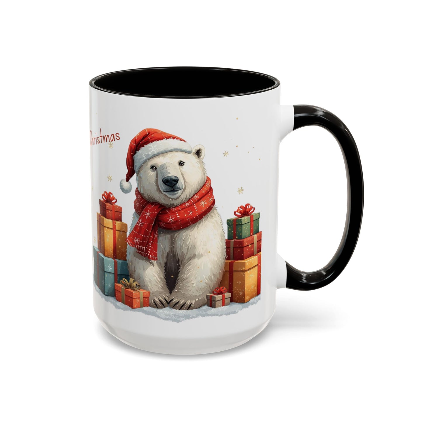 Cute Polar Bear Christmas mug with a red scarf and Santa hat, surrounded by colorful gift boxes.