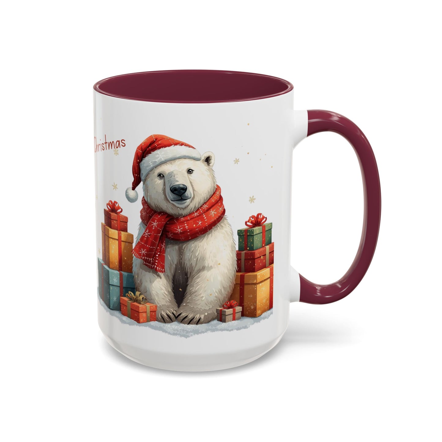 Cute Polar Bear Christmas mug with a red scarf and Santa hat, surrounded by colorful gift boxes.