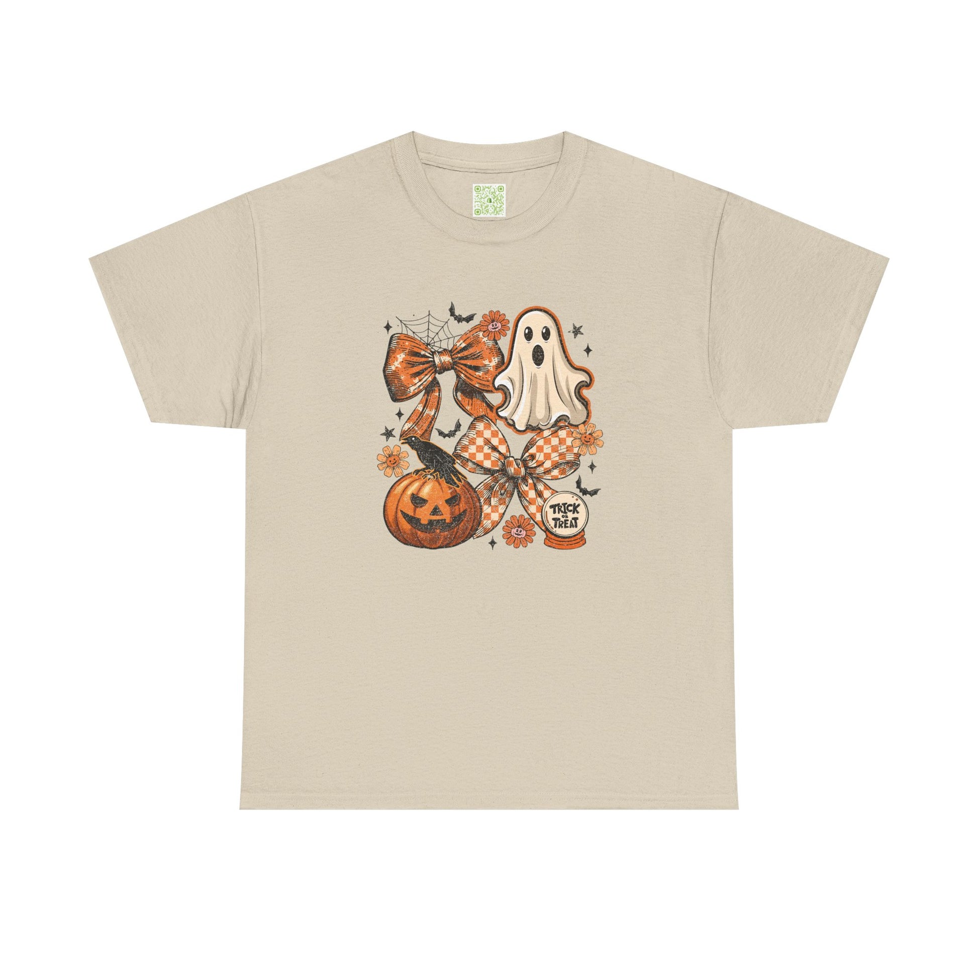 Vintage Coquette Halloween Tee featuring a ghost, pumpkin, and festive decorations for autumn style.