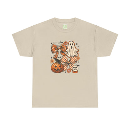 Vintage Coquette Halloween Tee featuring a ghost, pumpkin, and festive decorations for autumn style.
