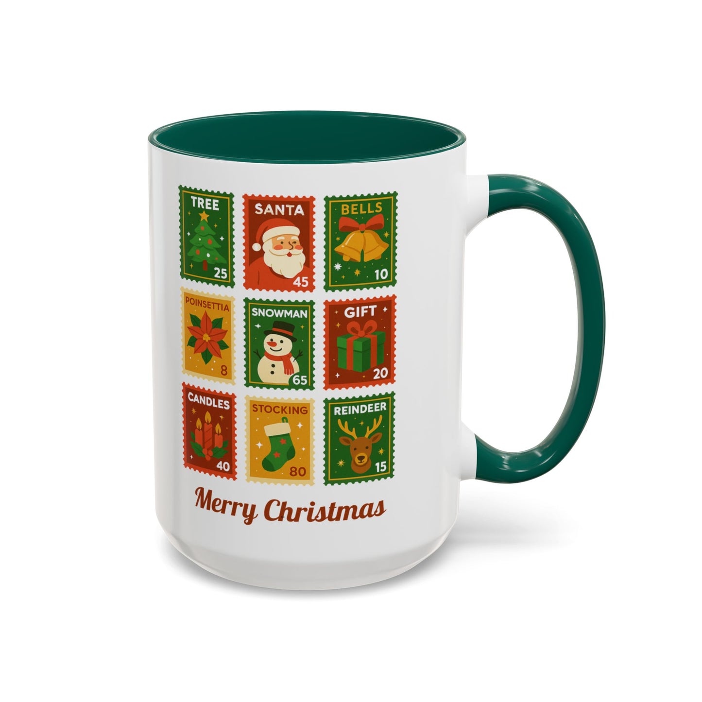 Colorful Holiday Stamp Mug, Festive Mug, Hot Cocoa Mug, Gift for Her, Secret Santa Gift, Stamp Collector, Christmas Mug