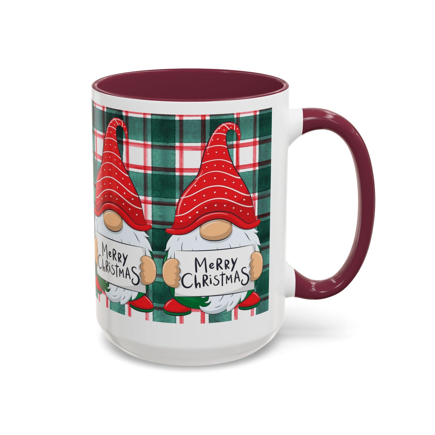 Festive Christmas gnome mug with holiday design, featuring gnomes and a plaid background.