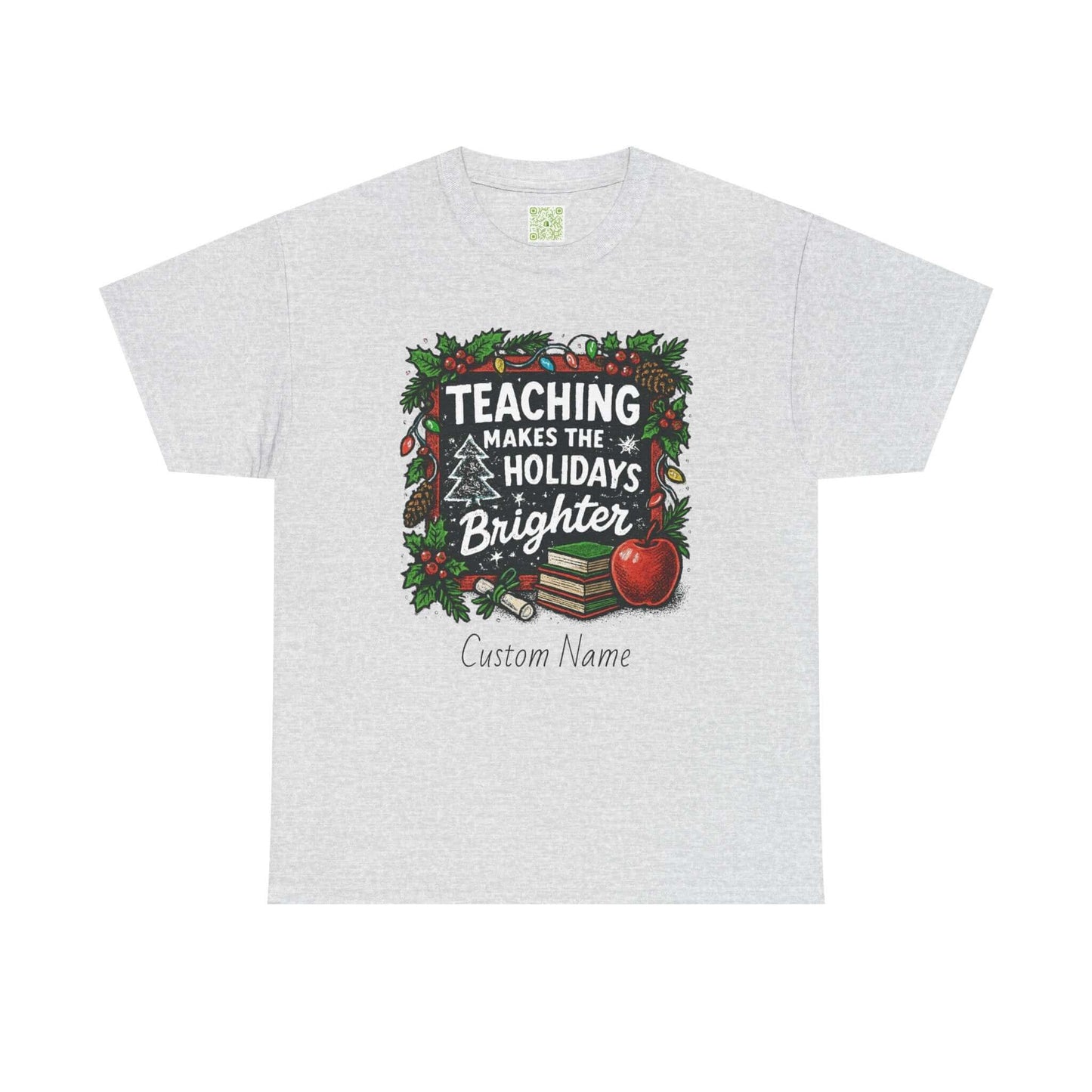 Personalized teacher holiday t-shirt in red with festive design and custom name. Perfect gift for teachers.