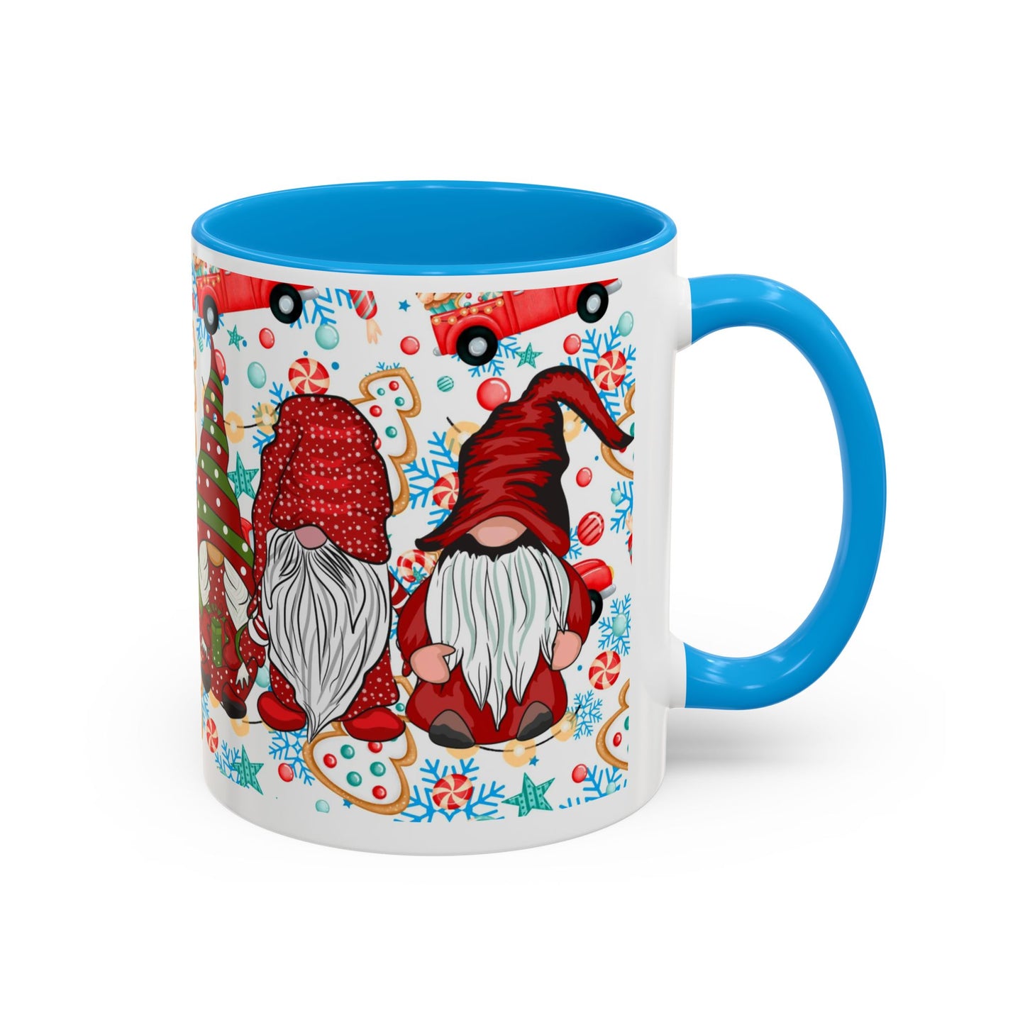 Festive Christmas gnome coffee mug with gingerbread design and snowflakes, perfect for holiday enjoyment.