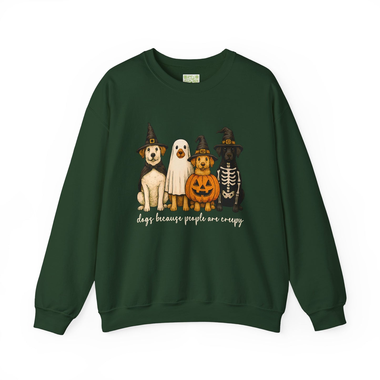 sweatshirt featuring cute dogs in Halloween costumes with text 'dogs because people are creepy'.