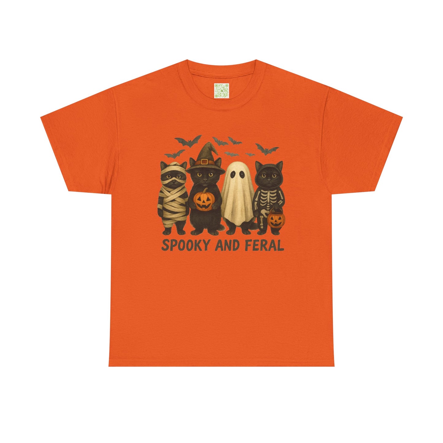 spooky black cat shirt featuring four cute Halloween characters, perfect for Halloween festivities.