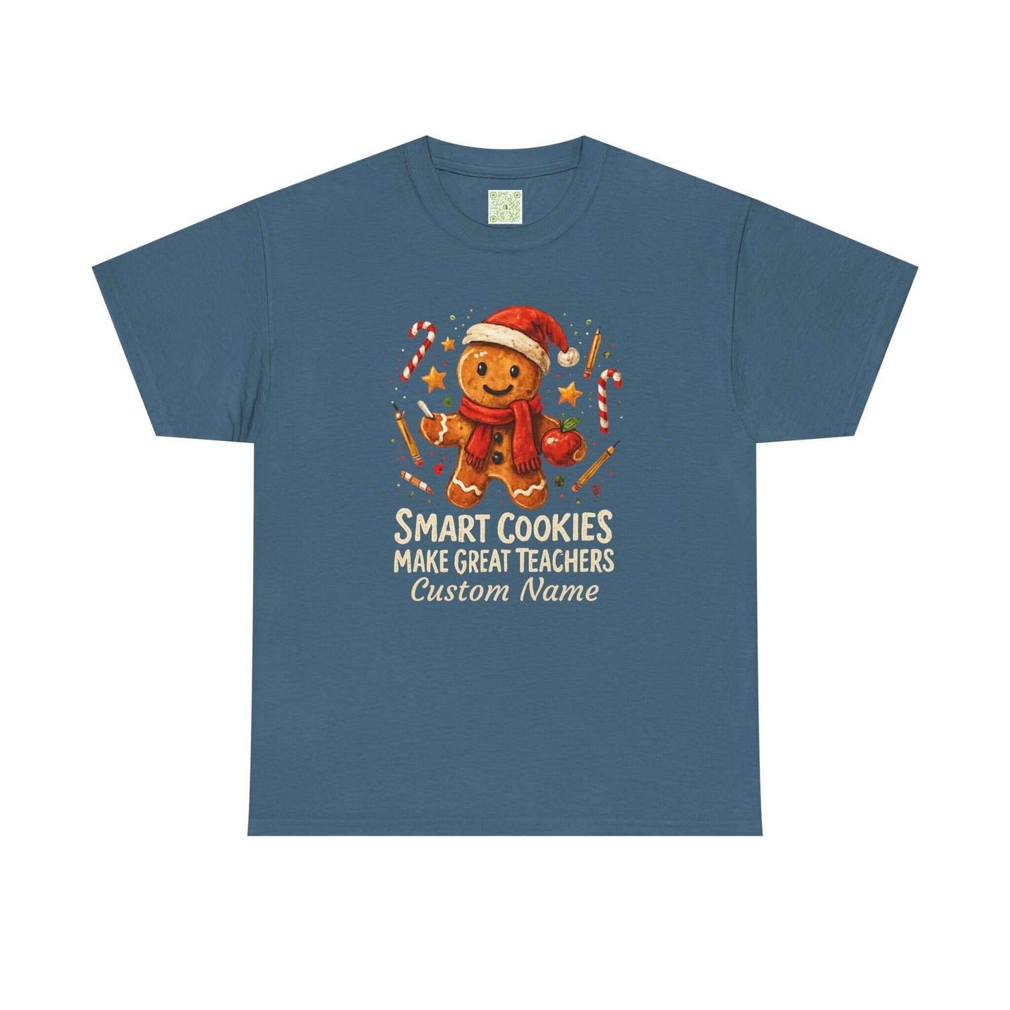 Gingerbread teacher holiday shirt with the phrase 'Smart Cookies Make Great Teachers' and festive decorations.