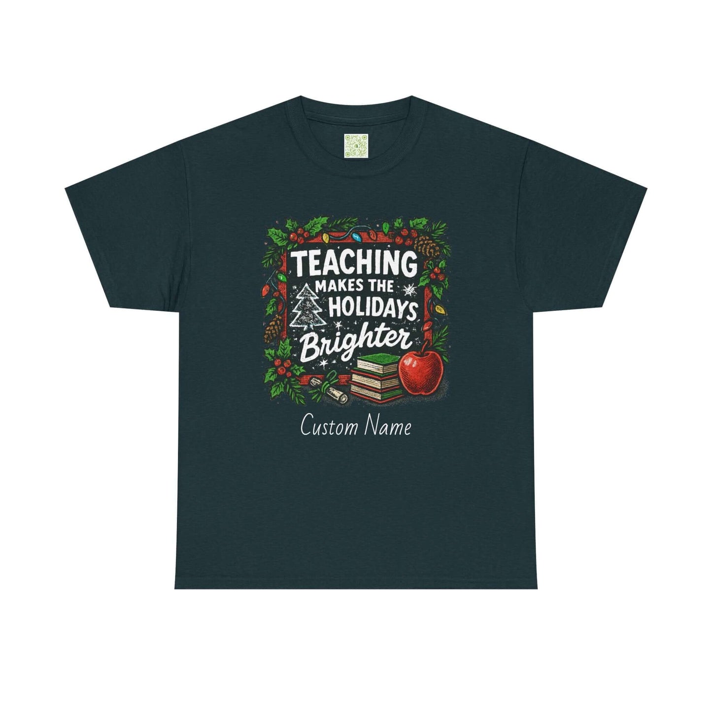 Personalized teacher holiday t-shirt in red with festive design and custom name. Perfect gift for teachers.