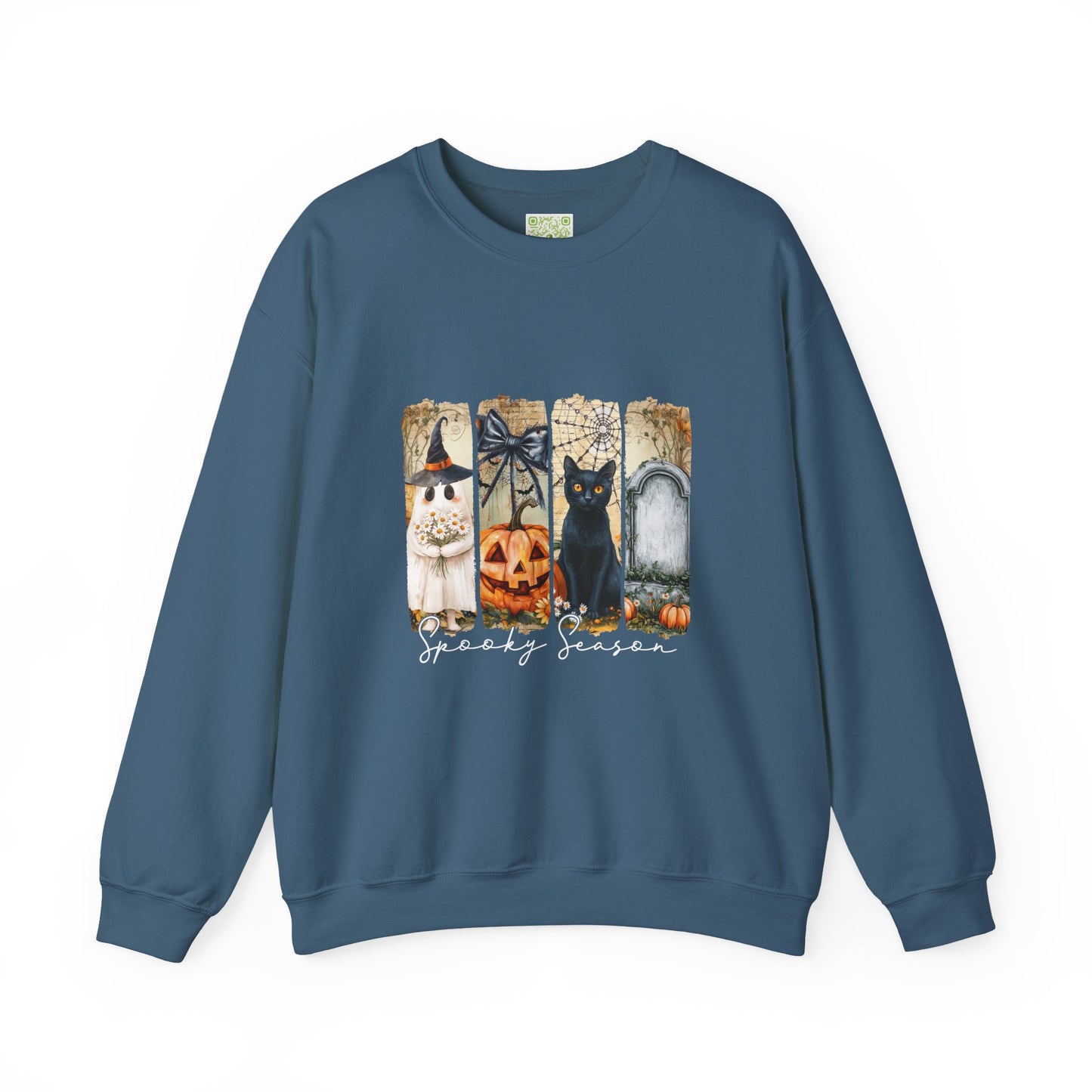 Spooky Season sweatshirt featuring Halloween designs with a black cat, pumpkin, and witch hat on a cozy blue crewneck.