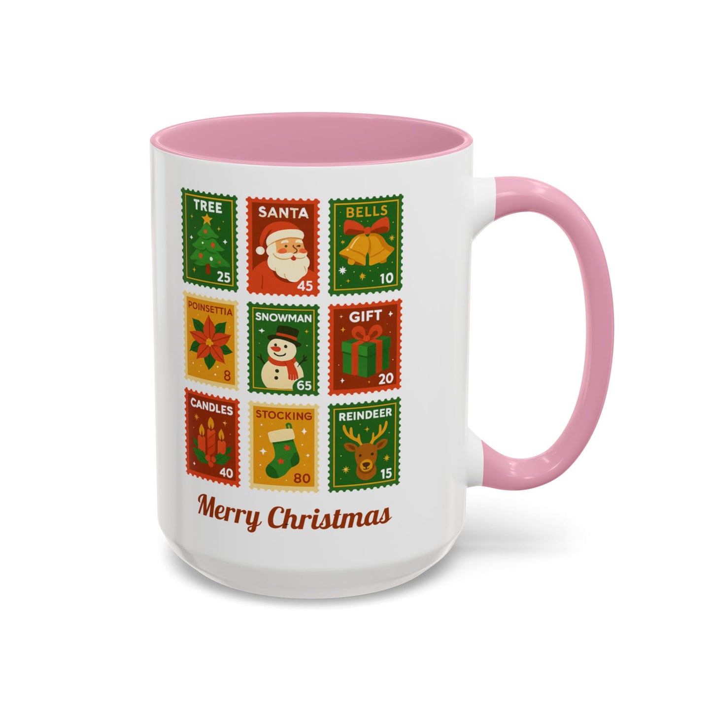 Colorful Holiday Stamp Mug, Festive Mug, Hot Cocoa Mug, Gift for Her, Secret Santa Gift, Stamp Collector, Christmas Mug