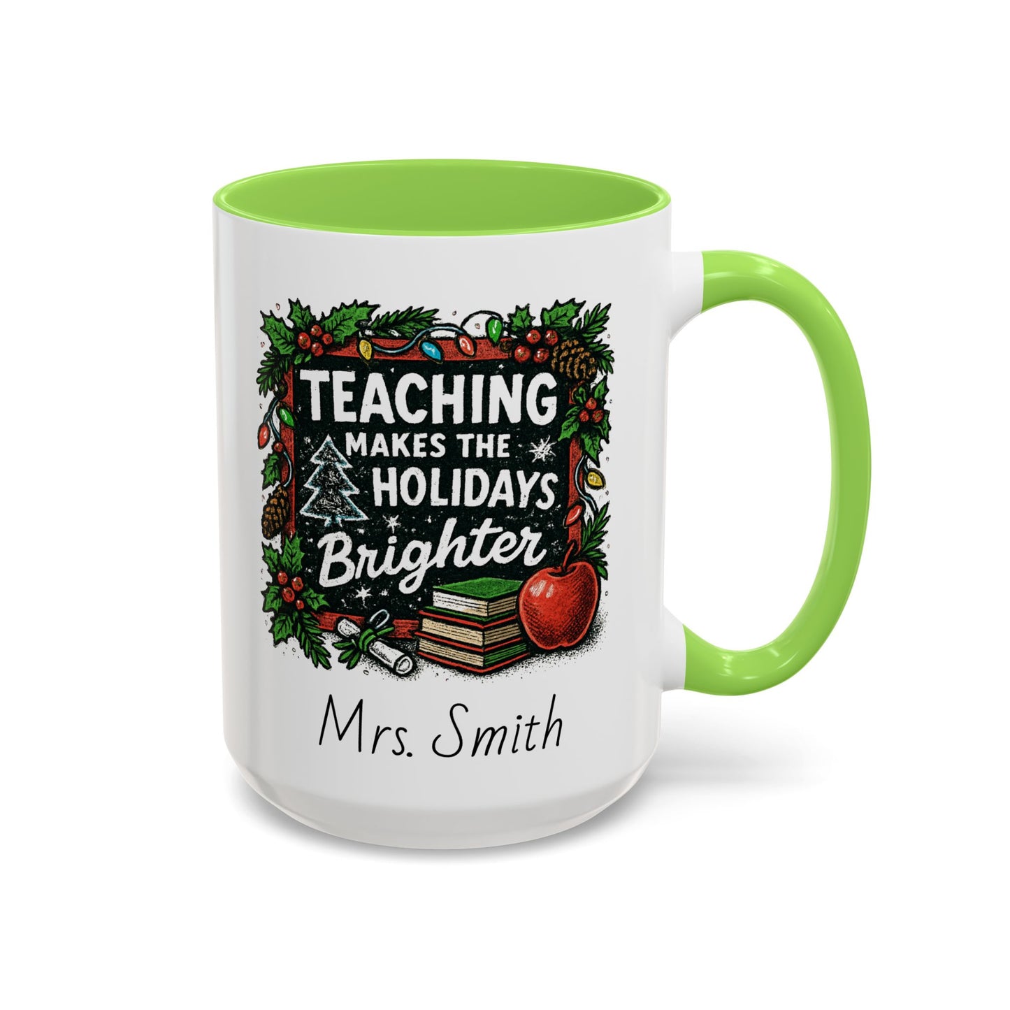 Personalized teacher holiday mug with festive design, marshmallows, and candy cane for a joyful gift.
